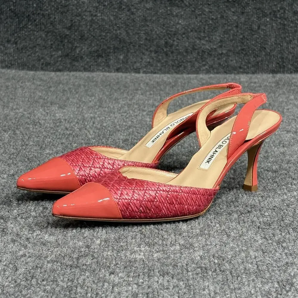 Manolo Blahnik Slingback Heels Womens 5 Pink Capsli Raffia Leather Italy Shoes